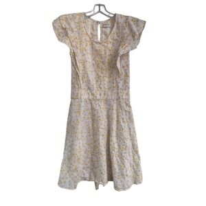 People Tree Yellow White Floral Cotton Ruffle Keyhole Back Tie Waist Dress SZ 10